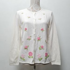 Crystal-Kobe Women's White Sweater Cardigan Pink Flower Embroidery Petite M